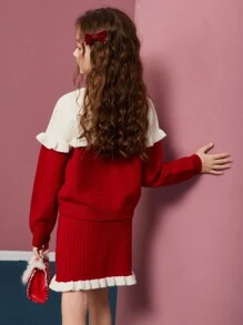 Cô gái Tween Dày lên Khối màu Áo len Mở Và Váy dệt kim 2 cái/bộ , Giữ Ấm - Đỏ - Xem 4