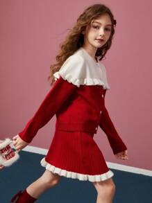 Cô gái Tween Dày lên Khối màu Áo len Mở Và Váy dệt kim 2 cái/bộ , Giữ Ấm - Đỏ - Xem 10