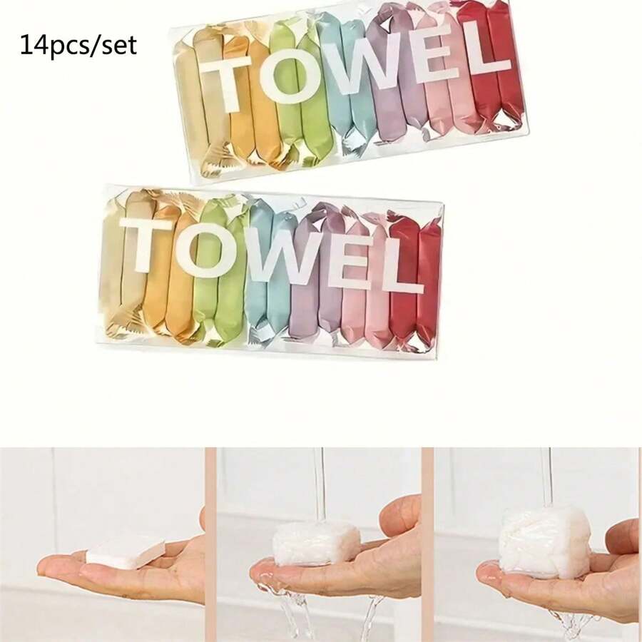 14 piezas/Set toallas comprimidas desechables, toallas de cara engrosadas para viajes, campamento al aire libre, toalla de baño portátil, artículos de campamento, esenciales de viaje