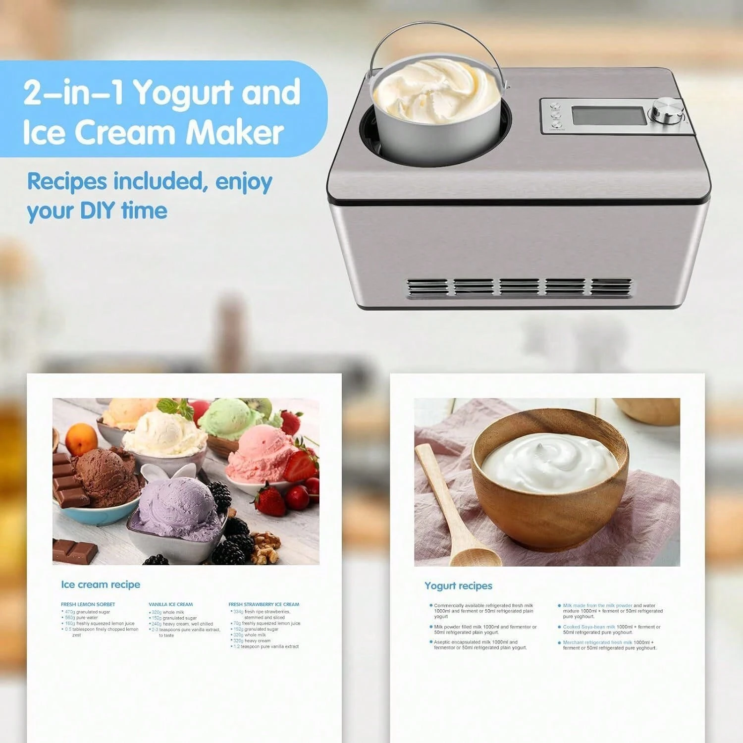 KUMIO 1 Quart Automatic Ice Cream Maker with Compressor, No Pre