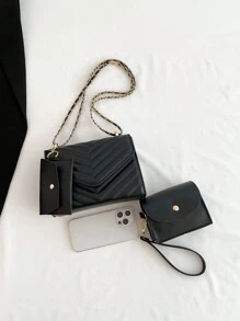1pc Black V-shaped Pattern Chain Strap 3pcs Set Pu Buckle Flap Concise Fashion Versatile Shoulder Bag Suitable For Women's Daily Commute And Work - Black - View 9