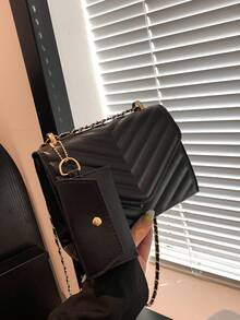 1pc Black V-shaped Pattern Chain Strap 3pcs Set Pu Buckle Flap Concise Fashion Versatile Shoulder Bag Suitable For Women's Daily Commute And Work - Black - View 8