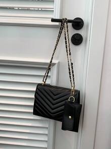 1pc Black V-shaped Pattern Chain Strap 3pcs Set Pu Buckle Flap Concise Fashion Versatile Shoulder Bag Suitable For Women's Daily Commute And Work - Black - View 7