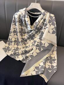 1 件女用雙面人造羊絨幾何提花圍巾披肩秋冬日常使用,保暖 - 彩色 - 查看 1