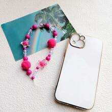 粉色毛球&五角星&珠繡手機吊飾,短手工鏈,簡單時尚有復古風