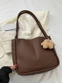 复古与怀旧包女士时尚休闲百搭 PU 纯色缝线大容量手提包手提单肩包、书包、大容量、便携、经典休闲、商务休闲、适合少女、女大学生、白领、工作、返校、中学、高中、大学、度假、复古风格复古女士包 - 咖啡棕 - 查看 3