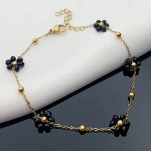 1pc Fashionable & Cute New Arrival Titanium Steel Little Flower Bracelet With Beading Design, Stainless Steel Fashion Accessory - Black - View 2