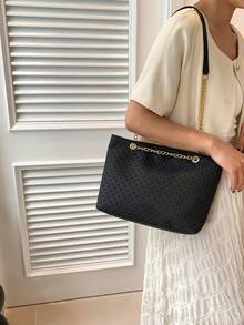 1pc Black Pu Leather Chain Decor Diamond Pattern Zipper Shoulder Bag Suitable For Daily Use, Work, School - Black - View 6