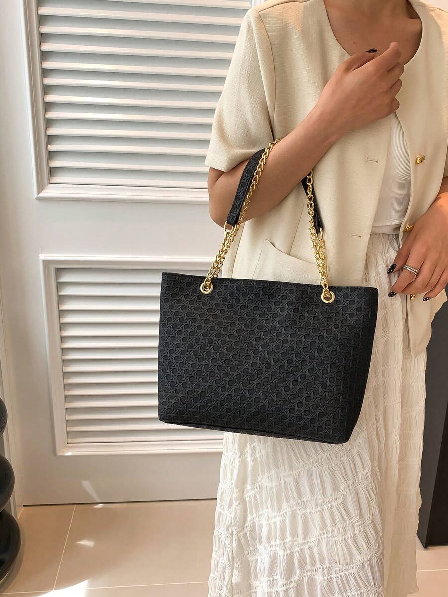 1pc Black Pu Leather Chain Decor Diamond Pattern Zipper Shoulder Bag Suitable For Daily Use, Work, School