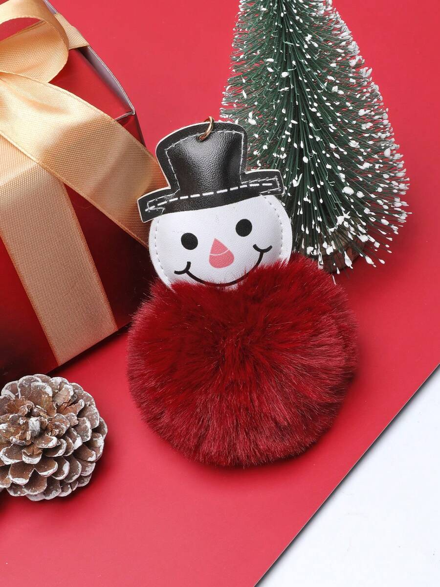 1個可愛的雪人麋鹿毛球鑰匙鍊/毛絨汽車袋鑰匙扣/pu皮革聖誕節麋鹿雪人毛球鑰匙鍊/帽子吊飾聖誕節禮物/包和盒子配件 - 酒紅色 - 查看 1