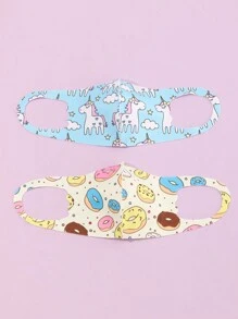 2入組女童獨角獸甜甜圈圖案可重複使用布口罩,日常使用 - 彩色 - 查看 1