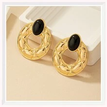 1對經典,時尚,復古的女性優雅法式黑色鑽石圖案大型耳環,適合日常穿著,節日和婚禮等場合。