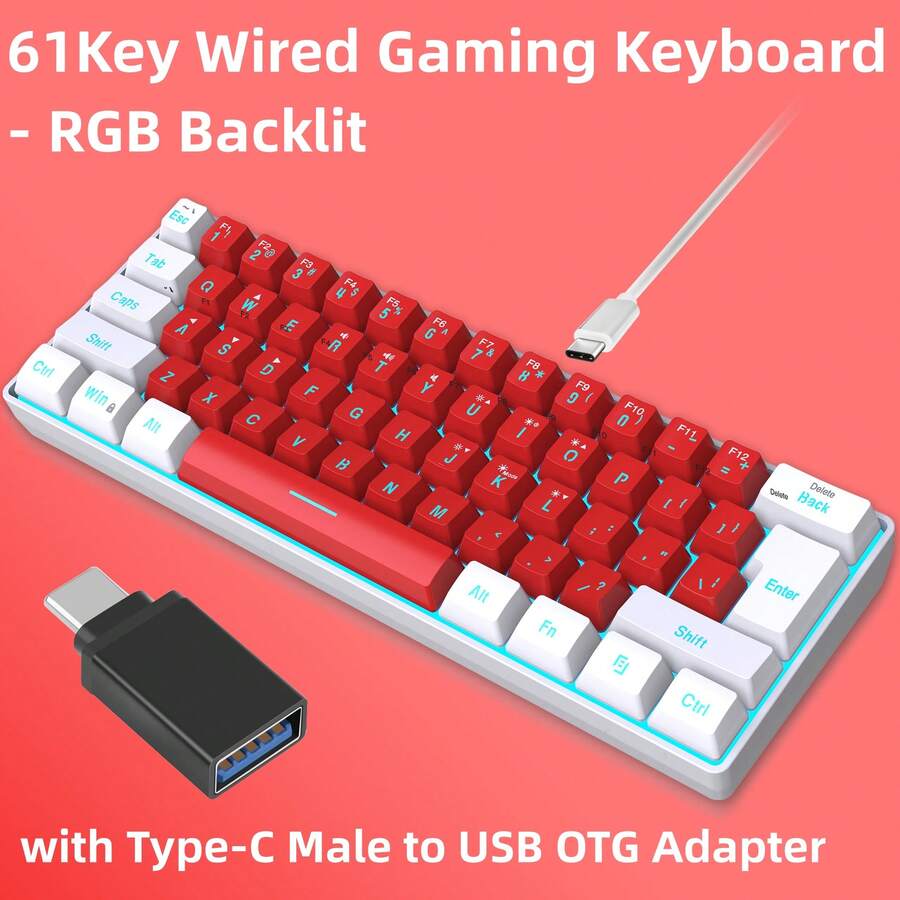 Hxsj 60% Rgb有線遊戲鍵盤,小巧便攜61鍵鍵盤,附帶type-c轉usb Otg轉接器,適用於pc/ 遊戲專用鍵盤,並配有線分離設計,精細簡潔,輕鬆攜帶,適用於商務旅行和遊戲,白色和紅色相匹配