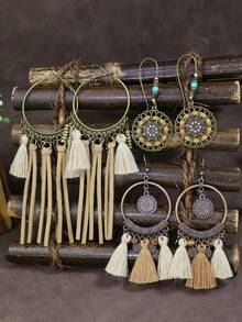 HANQI 3pairs/Set Bohemian & Vintage Style Geometric Shape Alloy Handmade Weaving Tassel Earrings Combination For Women, Suitable For Daily Life, Work, Street Shooting And Photography To Show Unique Elegant - Multicolor - View 8