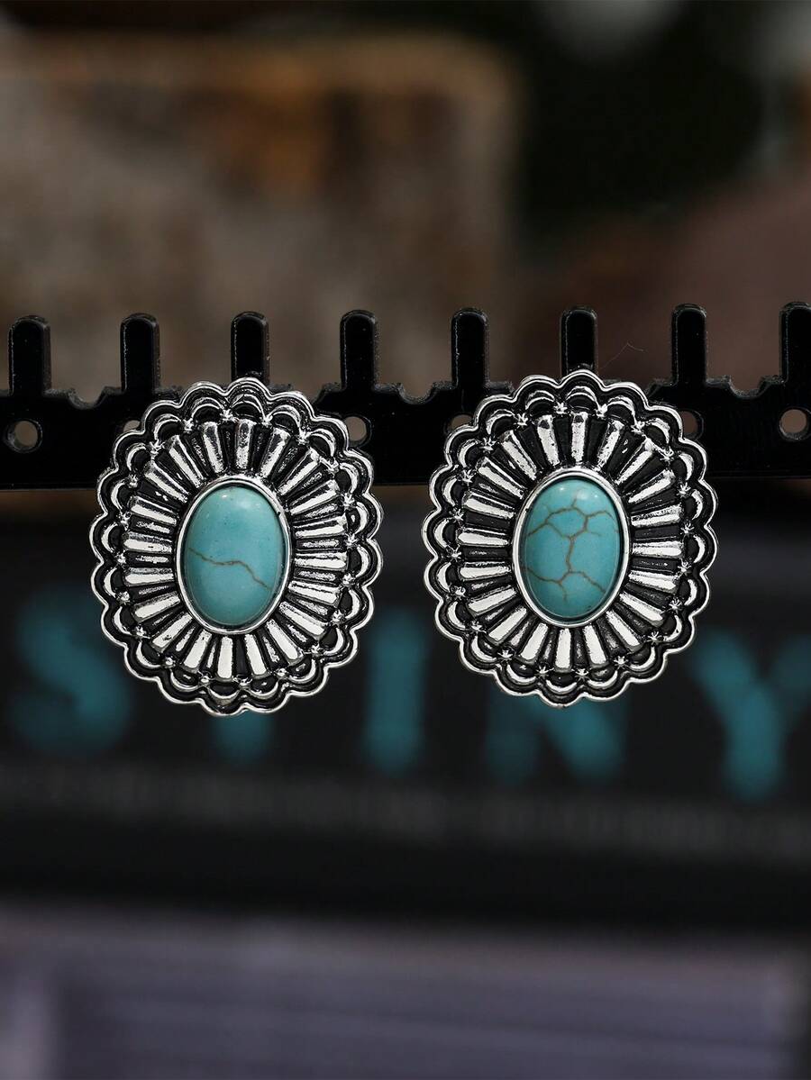 1對復古雕刻幾何形狀耳釘 - 復古銀色 - 查看 1