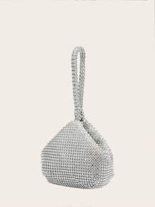 Asymmetric Shaped Rhinestone Embellished Women Evening Clutch Bag, Glamorous Rhinestone Bag - Silver - View 1