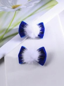 2入組/包可愛藍色天鵝絨髮夾,白色毛球和蝴蝶裝飾,適用於兒童,秋冬季節