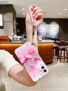 1pc Transparent Phone Case Featuring Rhinestone & 3d Butterfly & Glitter Decoration With Hanging Bead, Compatible With Apple And Samsung Phones - Multicolor - View 4