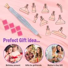 1pc Silver-colored Plastic Pen With Straight Stem + 6pcs Threaded Diamond Painting Drill Bits + 6pcs Red Stickiness + 1pc Plastic Storage Box, Point Drill Tool Set - Rose gold - View 7
