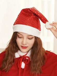 1頂女士聖誕帽,亮片裝飾聖誕老人帽節日派對服飾配件