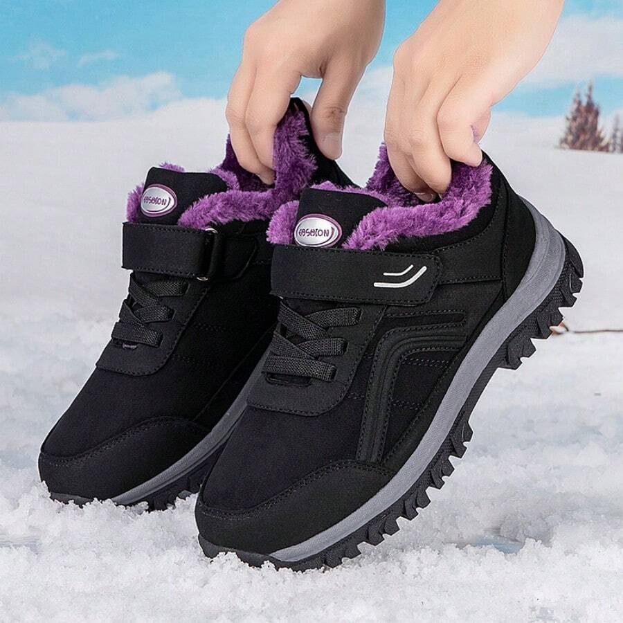 女士加絨加厚保暖戶外運動鞋,厚底圓頭加寬登山鞋,貼旅行鞋,女士老人加寬鞋