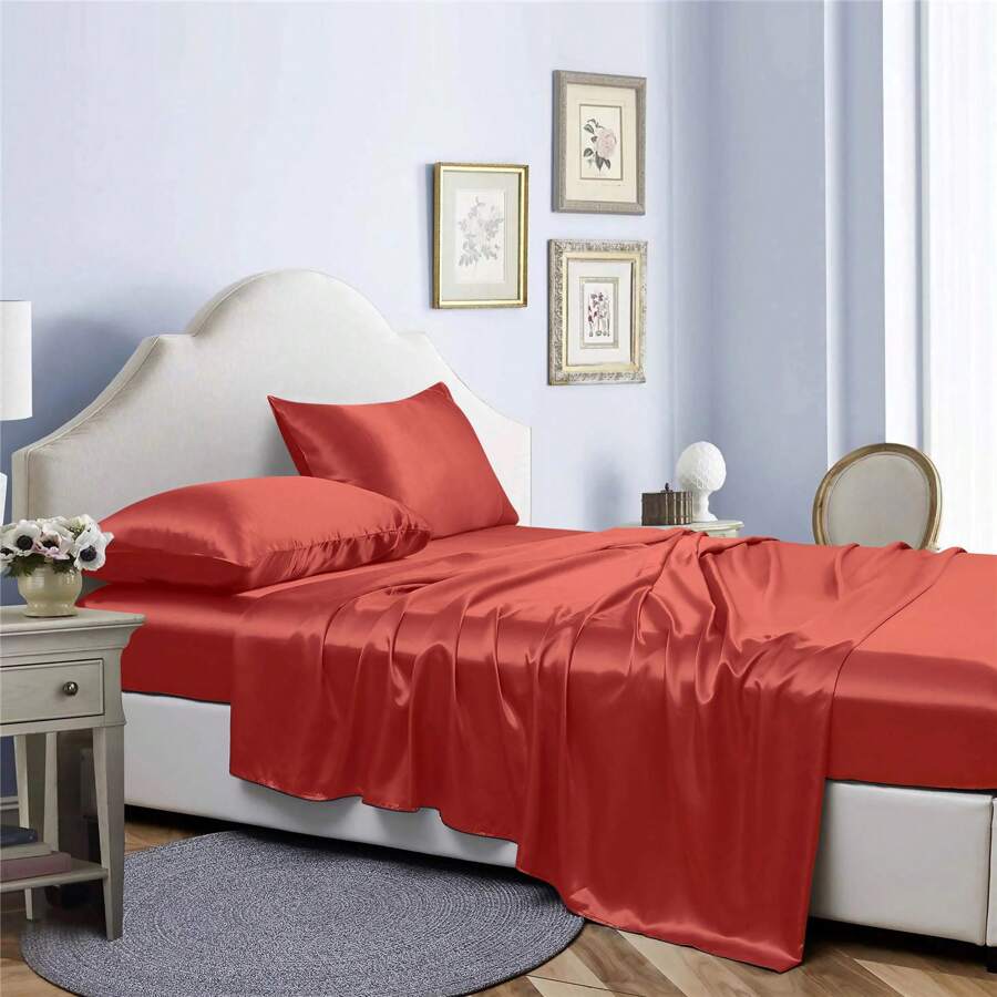 Bibb Home Silky Satin 4 Piece Sheet Set - 亮橙色 - 查看 1