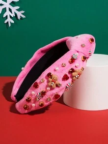 1件圣诞手工圣诞老人头箍，镶嵌宝石和珠子装饰，女士发箍发带 - 粉色 - 查看 5