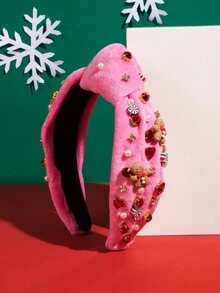 1件圣诞手工圣诞老人头箍，镶嵌宝石和珠子装饰，女士发箍发带 - 粉色 - 查看 4