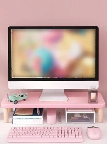 1pc Pink Wooden Laptop Stand & Storage Rack, Increase Height Desktop Monitor Riser, Laptop Base, Office Monitor Storage Organizer - Pink - View 4
