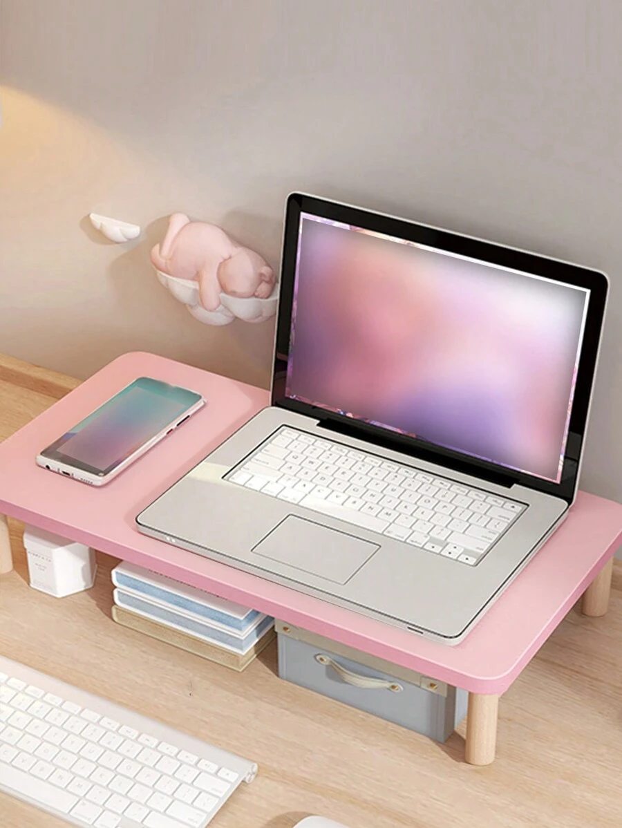 1pc Pink Wooden Laptop Stand & Storage Rack, Increase Height Desktop Monitor Riser, Laptop Base, Office Monitor Storage Organizer - Pink - View 1