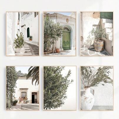 6pcs/Set Wall Art Decoration, Italian Ancient Architecture Photography Poster, Green And White Italian Wall Art, Ideal Gift For Bedroom Living Room, Frameless Canvas Print, Posters For Room, Canvas Wall Art, Home Decor, Modern Room Decor Aesthetic, Cottagecore Wall Decor, Bathroom Kitchen Office Decor