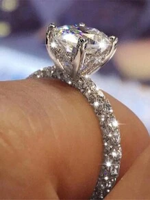 1個新款閃亮鑽石圓環女戒,時尚訂婚或求婚戒指 - 銀色 - 查看 3