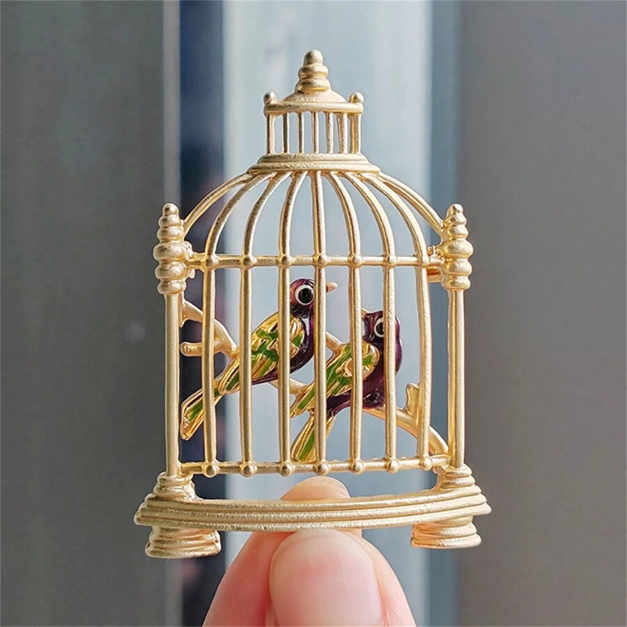1pc Gold Color Simple And Vintage Plating Bird Cage Shaped Brooch, Oil Drop Animal Design Suitable For Women's Festival Wear - Gold - View 1