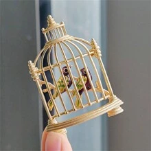 1pc Gold Color Simple And Vintage Plating Bird Cage Shaped Brooch, Oil Drop Animal Design Suitable For Women's Festival Wear - Gold - View 2