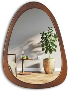 Irregular Mirror, Wood Wall Frame Mirror, Asymmetrical Decorative Wall Wood Mirror for Living Room Bedroom Entryway Bathroom Home Decor Cherry Brown Wood Frame 28 x 22 Inches