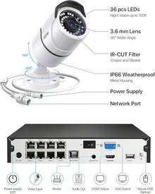 ZOSI 8CH 4K PoE NVR Home Security Camera System With 2TB HDD, 4pcs 5MP Outdoor PoE IP Cameras, 120ft Night Vision, Motion Detection, Remote Access - 黑與白 - 查看 8
