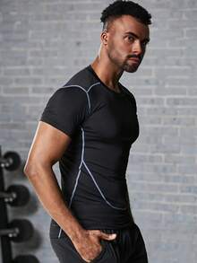 男士拼接運動T恤，男士緊身上衣 - 黑色 - 查看 5