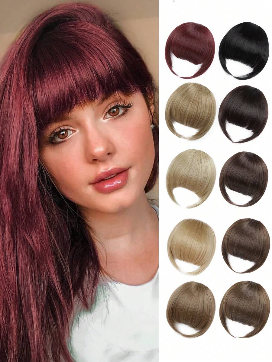 瀏海髮夾 瀏海 酒紅色 耐高溫合成髮 厚瀏海 流蘇 女士自然平齊瀏海髮夾 日常佩戴 (酒紅色) - 酒紅色 - 查看 1