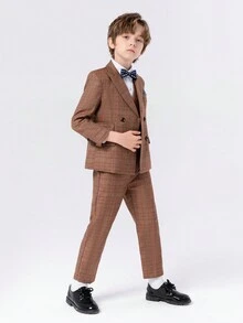 4入組幼兒男孩禮服套裝,包括燙金西裝外套、背心、褲子和蝴蝶結,適用於秋冬季節 - 黃色 - 查看 3