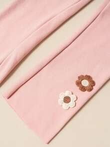 1pc Children's Velvet Single Layer Soft Flower Decorated Leggings Cropped Pants - Pink - View 4