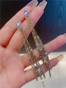 Aretes De Flecos Largos Y Decorados Con Pedrería Con Estilo Único, A La Moda Y Versátiles - Perforar - Ver 1