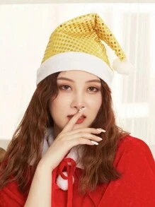 1頂女士聖誕帽,配有亮片和聖誕老人裝飾,派對cosplay服飾配件 - 黃色 - 查看 1