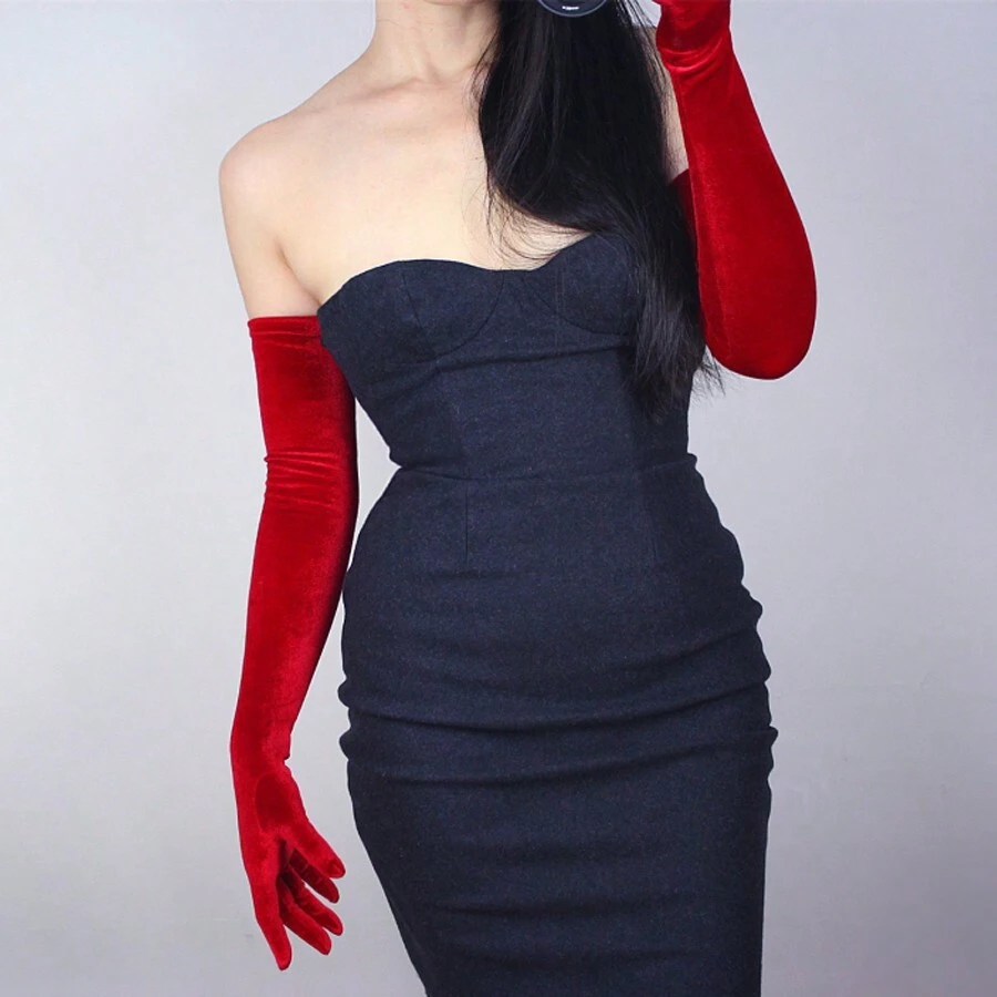 红色天鹅绒手套适合欧美风格长款晚会配饰、新娘婚纱及红色派对装饰、复古摄影及性感圣诞 - 紅色 - 查看 1
