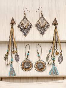 HANQI 3pairs/Set Bohemian & Vintage Style Geometric Shape Alloy Handmade Weaving Tassel Earrings Combination For Women, Suitable For Daily Life, Work, Street Shooting And Photography To Show Unique Elegant - Multicolor - View 1