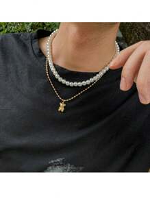 男士珍珠熊吊墜項鍊,獨特的嘻哈及極簡設計時尚配件鏈 - 小熊 - 查看 6