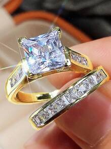 2入組豪華時尚方形鑲嵌情侶戒指,男女婚嫁求婚專用,中性設計高端珠寶 - 方形 - 查看 6