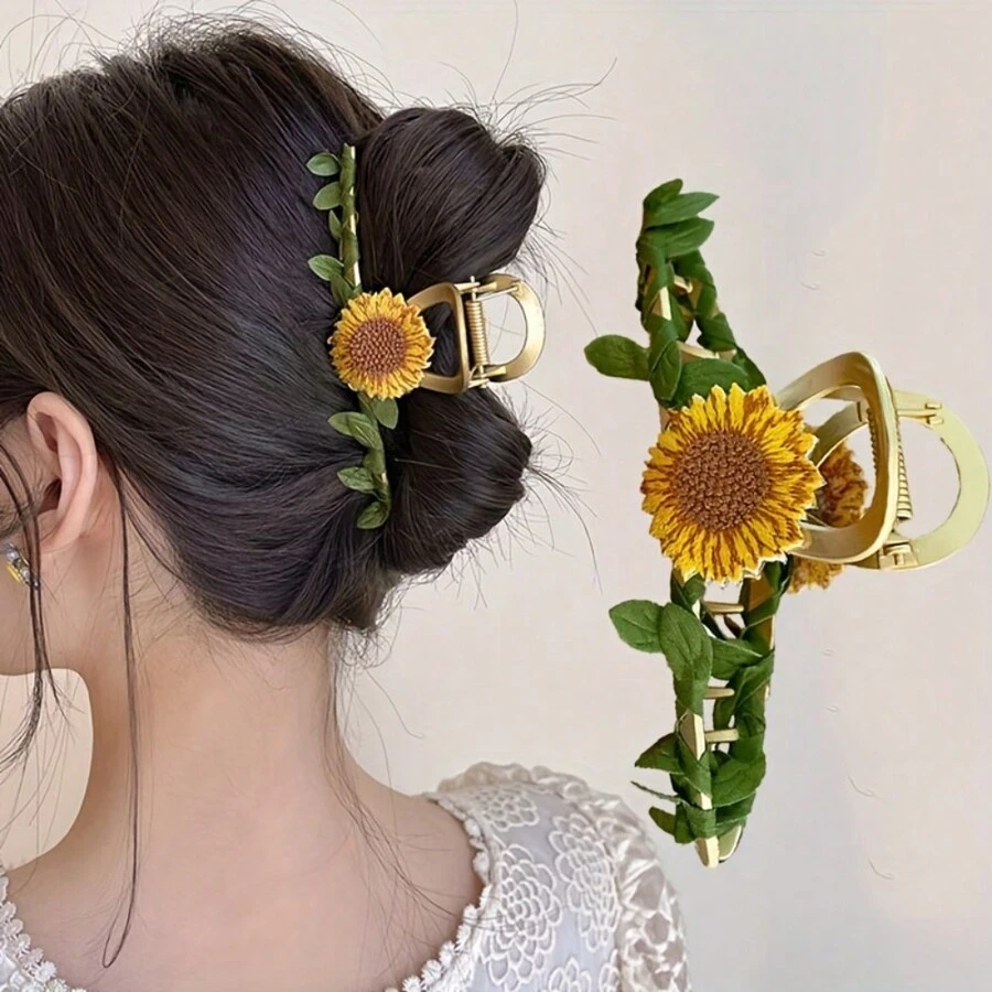 1唯女款新款時尚復古向日葵造型髮夾,優雅高貴金屬夾,鋅合金裝飾髮飾