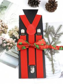 1套紅色聖誕配件套裝,包括y型有彈性吊帶和蝴蝶領結,印有可愛的聖誕元素圖案,例如雪人,馴鹿,雪花和聖誕老人,是一份很棒的聖誕禮物(不含禮盒) - 紅色 - 查看 1