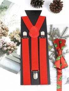 1套紅色聖誕配件套裝,包括y型有彈性吊帶和蝴蝶領結,印有可愛的聖誕元素圖案,例如雪人,馴鹿,雪花和聖誕老人,是一份很棒的聖誕禮物(不含禮盒) - 紅色 - 查看 2