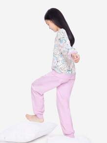 Annil Conjunto deportivo rosa con dibujos animados de manga larga para niñas, cuello redondo, suéter casual y pantalones para primavera y otoño - Morado - Ver 2